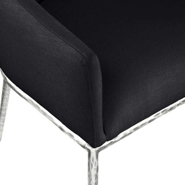 Meridian Furniture Ferro Curved Upholstered Dining Arm Chair with Brushed Iron Frame and Stain Resistant Linen Black C 88038Black-AC
