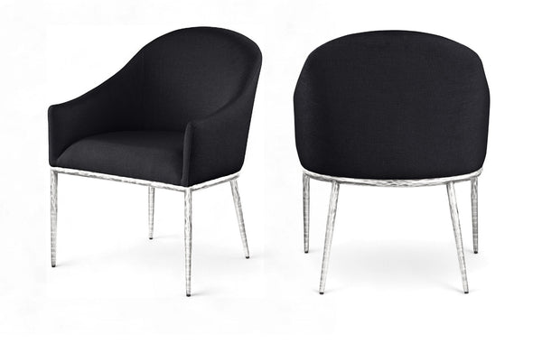 Meridian Furniture Ferro Curved Upholstered Dining Arm Chair with Brushed Iron Frame and Stain Resistant Linen Black C 88038Black-AC