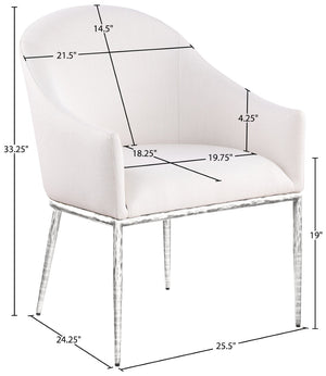 Meridian Furniture Ferro Curved Upholstered Dining Arm Chair with Brushed Iron Frame and Stain Resistant Linen Cream C 88038Cream-AC