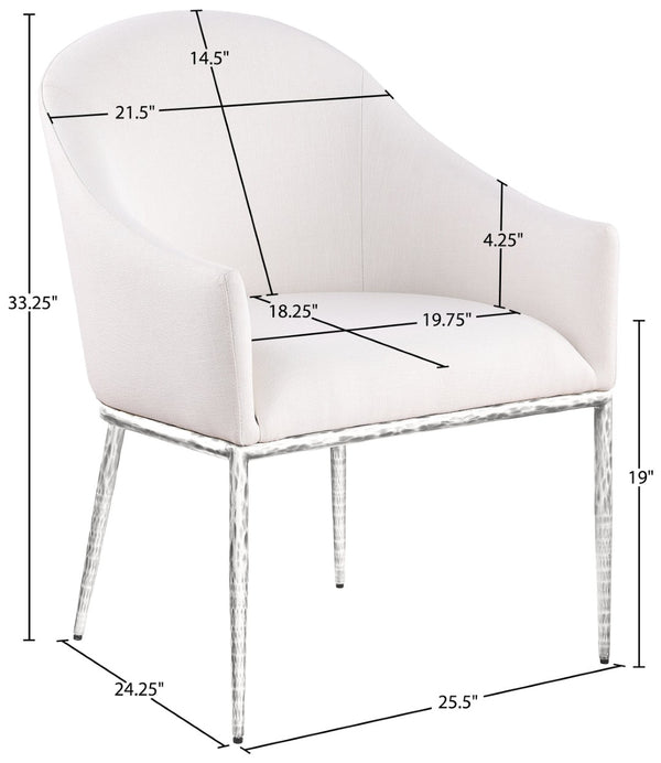 Meridian Furniture Ferro Curved Upholstered Dining Arm Chair with Brushed Iron Frame and Stain Resistant Linen Cream C 88038Cream-AC
