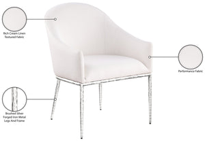 Meridian Furniture Ferro Curved Upholstered Dining Arm Chair with Brushed Iron Frame and Stain Resistant Linen Cream C 88038Cream-AC