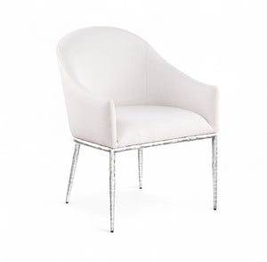 Meridian Furniture Ferro Curved Upholstered Dining Arm Chair with Brushed Iron Frame and Stain Resistant Linen Cream C 88038Cream-AC