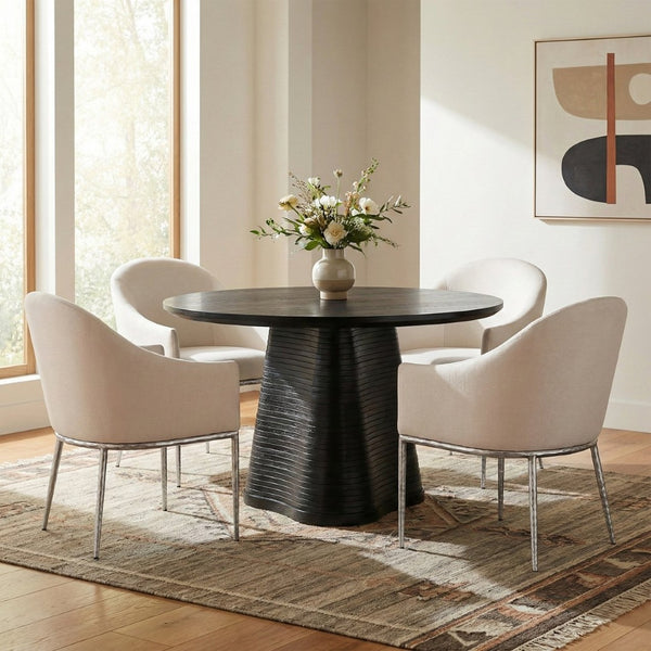Meridian Furniture Ferro Curved Upholstered Dining Arm Chair with Brushed Iron Frame and Stain Resistant Linen Cream C 88038Cream-AC