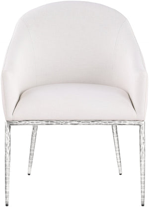 Meridian Furniture Ferro Curved Upholstered Dining Arm Chair with Brushed Iron Frame and Stain Resistant Linen Cream C 88038Cream-AC
