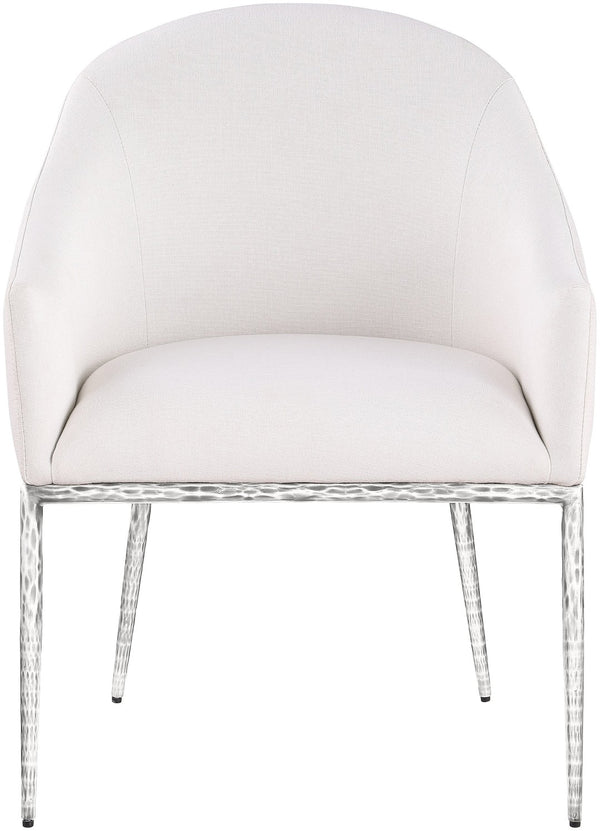 Meridian Furniture Ferro Curved Upholstered Dining Arm Chair with Brushed Iron Frame and Stain Resistant Linen Cream C 88038Cream-AC