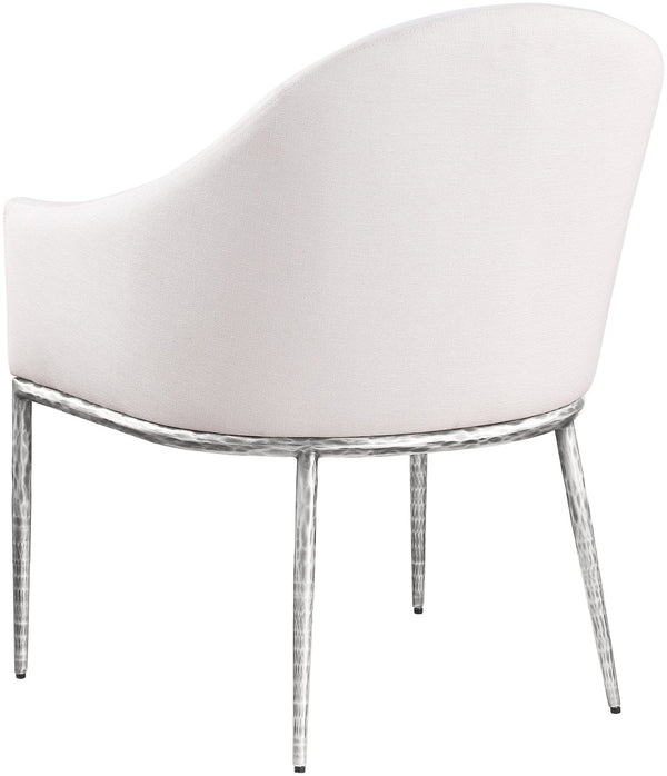 Meridian Furniture Ferro Curved Upholstered Dining Arm Chair with Brushed Iron Frame and Stain Resistant Linen Cream C 88038Cream-AC
