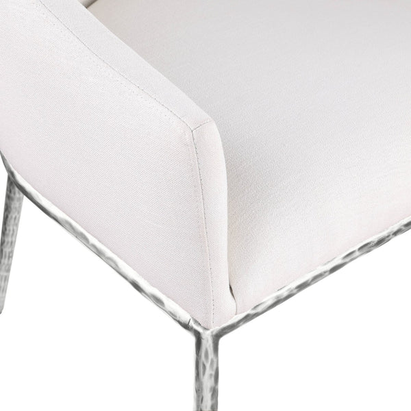 Meridian Furniture Ferro Curved Upholstered Dining Arm Chair with Brushed Iron Frame and Stain Resistant Linen Cream C 88038Cream-AC