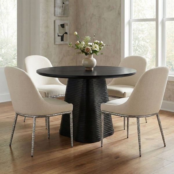 Meridian Furniture Ferro Curved Upholstered Dining Chair with Iron Legs and Stain Resistant Linen Performance Fabric Cream 88038 88038Cream-SC