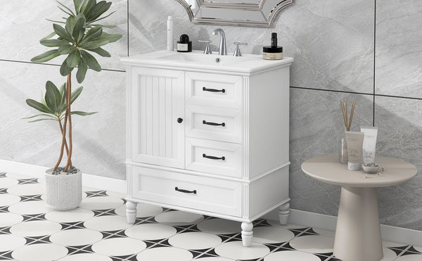 English Elm Christopher Knight Home® - 30" Bathroom Vanity with Ceramic Sink, Acacia & MDF Cabinet, Soft-Close Door & Drawers White N759P346895K