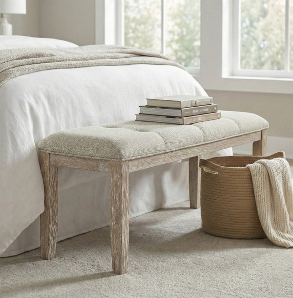 Meridian Furniture Ananda Wire-brushed Solid Wood Upholstered Bench for Dining Room or Bedroom 88039Beige-Bench