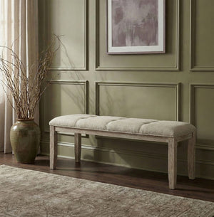 Meridian Furniture Ananda Wire-brushed Solid Wood Upholstered Bench for Dining Room or Bedroom 88039Beige-Bench
