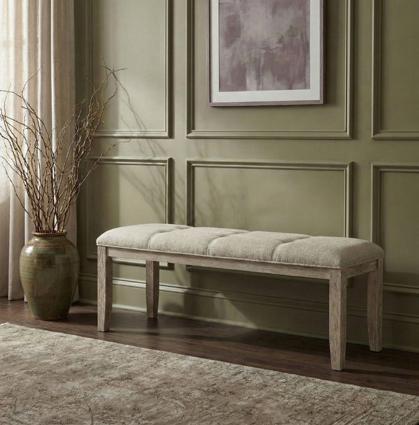 Meridian Furniture Ananda Wire-brushed Solid Wood Upholstered Bench for Dining Room or Bedroom 88039Beige-Bench