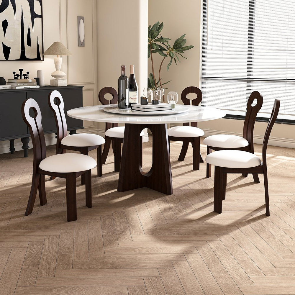 English Elm Modern Marble Dining Table With Lazy Susan, 59" Sintered Stone Top & Walnut Base For 6-8 People W2700S00013