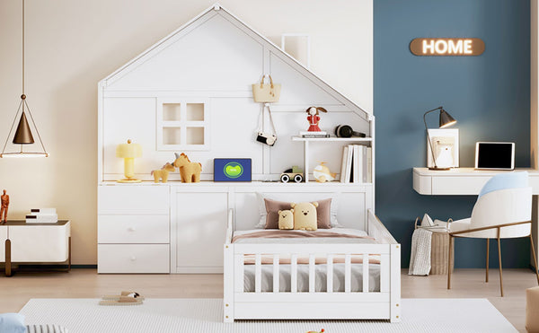 English Elm Twin House Bed Frame with Drawers Shelves and Usb Charging for Kids Bedroom LT000422AAK-1