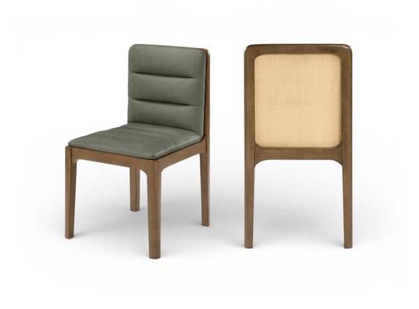 Meridian Furniture Ellis Vegan Leather Seat Cane Back Dining Chair with Solid Wood Frame for Modern Interiors Green Style 2 88050Green-C