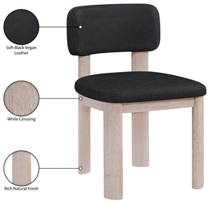 Meridian Furniture Paloma Art Deco Vegan Leather Dining Chair with Cerused Wood Frame for Modern Rooms Black Style A 88052Black-C