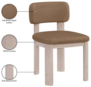 Meridian Furniture Paloma Art Deco Vegan Leather Dining Chair with Cerused Wood Frame for Modern Rooms Brown Style A 88052Brown-C