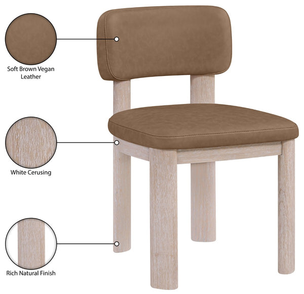 Meridian Furniture Paloma Art Deco Vegan Leather Dining Chair with Cerused Wood Frame for Modern Rooms Brown Style A 88052Brown-C