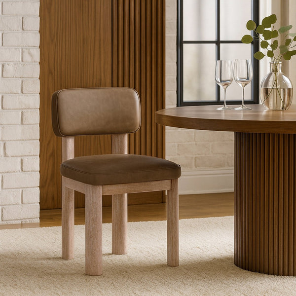 Meridian Furniture Paloma Art Deco Vegan Leather Dining Chair with Cerused Wood Frame for Modern Rooms Brown Style A 88052Brown-C
