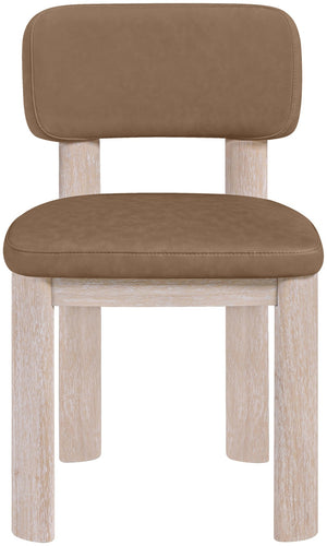Meridian Furniture Paloma Art Deco Vegan Leather Dining Chair with Cerused Wood Frame for Modern Rooms Brown Style A 88052Brown-C