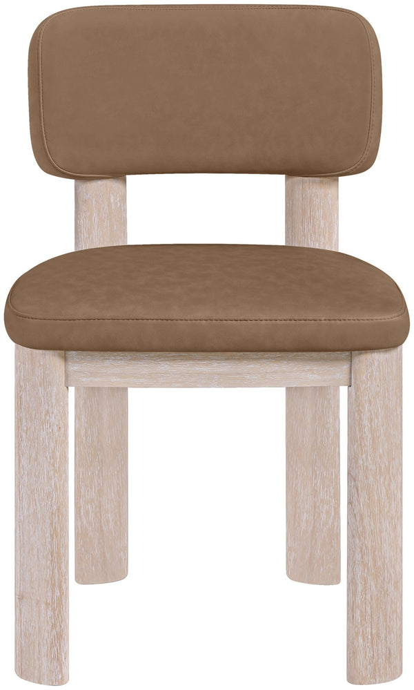 Meridian Furniture Paloma Art Deco Vegan Leather Dining Chair with Cerused Wood Frame for Modern Rooms Brown Style A 88052Brown-C
