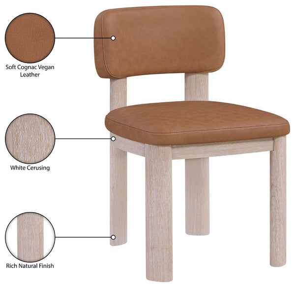 Meridian Furniture Paloma Art Deco Vegan Leather Dining Chair with Cerused Wood Frame for Modern Rooms Cognac Style A 88052Cognac-C