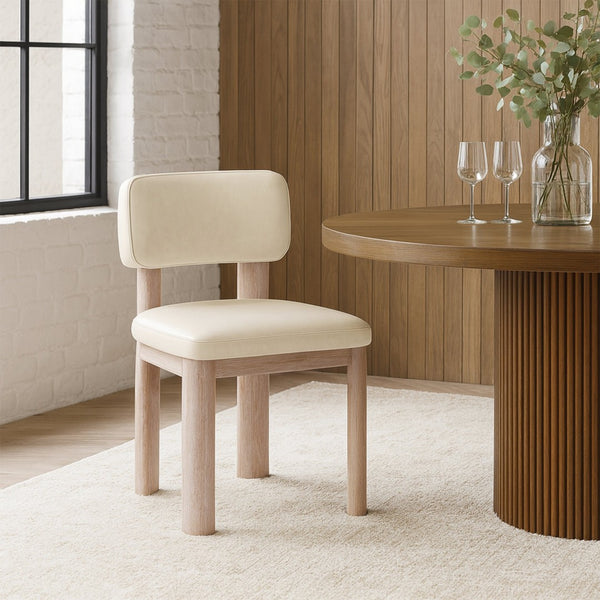 Meridian Furniture Paloma Art Deco Vegan Leather Dining Chair with Cerused Wood Frame for Modern Rooms Cream Style A 88052Cream-C