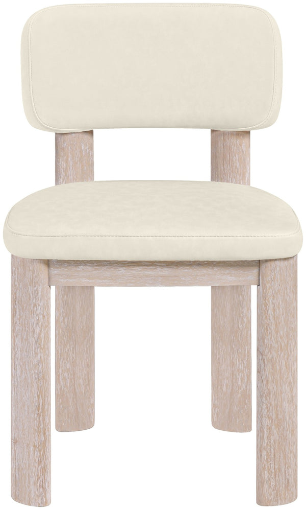 Meridian Furniture Paloma Art Deco Vegan Leather Dining Chair with Cerused Wood Frame for Modern Rooms Cream Style A 88052Cream-C