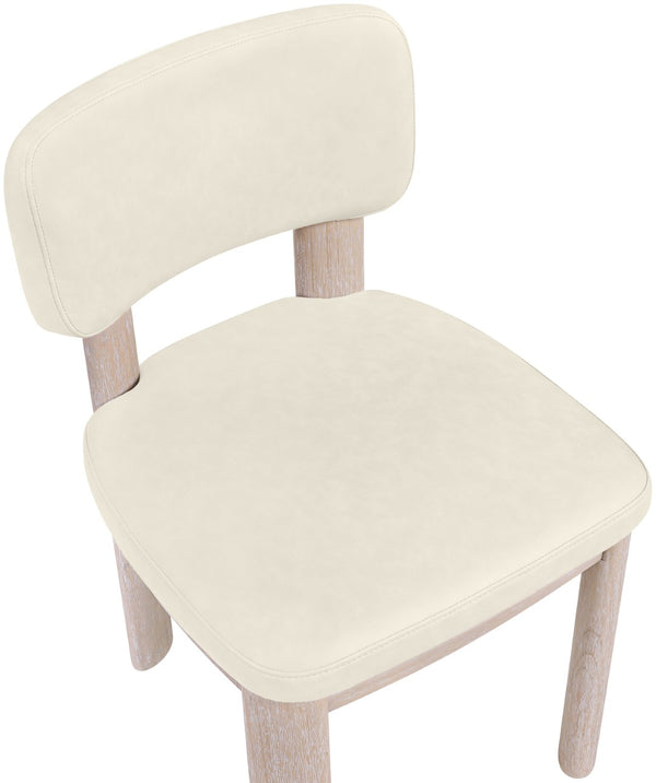 Meridian Furniture Paloma Art Deco Vegan Leather Dining Chair with Cerused Wood Frame for Modern Rooms Cream Style A 88052Cream-C