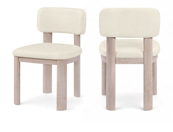 Meridian Furniture Paloma Art Deco Vegan Leather Dining Chair with Cerused Wood Frame for Modern Rooms Cream Style A 88052Cream-C