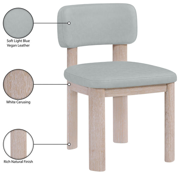 Meridian Furniture Paloma Art Deco Vegan Leather Dining Chair with Cerused Wood Frame for Modern Rooms Light Blue Style A 88052LtBlu-C
