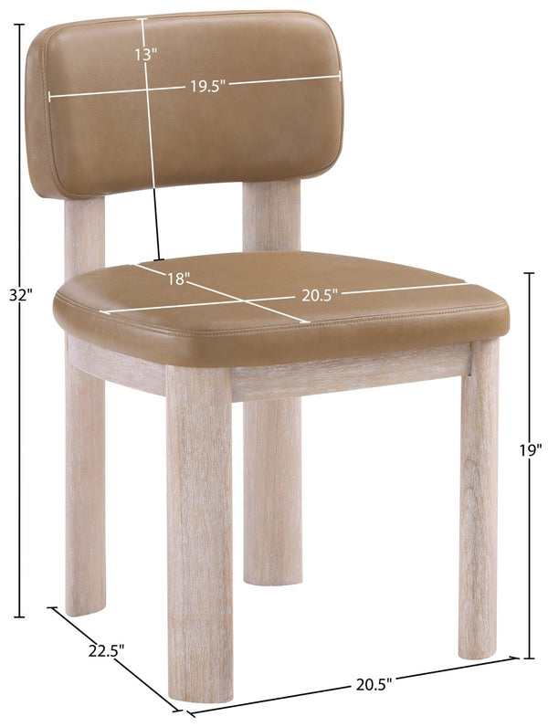 Meridian Furniture Paloma Art Deco Vegan Leather Dining Chair with Cerused Wood Frame for Modern Rooms Tan Style A 88052Tan-C