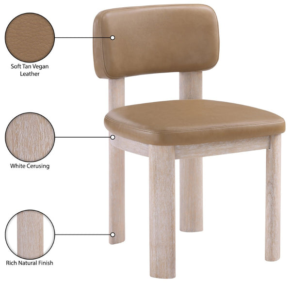 Meridian Furniture Paloma Art Deco Vegan Leather Dining Chair with Cerused Wood Frame for Modern Rooms Tan Style A 88052Tan-C