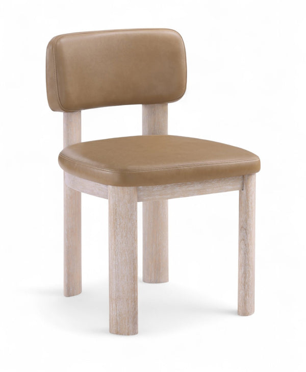 Meridian Furniture Paloma Art Deco Vegan Leather Dining Chair with Cerused Wood Frame for Modern Rooms Tan Style A 88052Tan-C