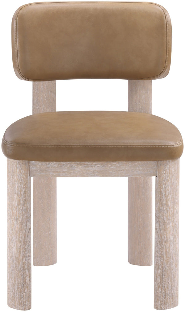 Meridian Furniture Paloma Art Deco Vegan Leather Dining Chair with Cerused Wood Frame for Modern Rooms Tan Style A 88052Tan-C