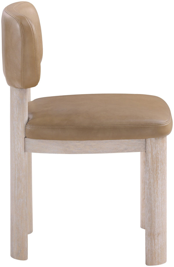 Meridian Furniture Paloma Art Deco Vegan Leather Dining Chair with Cerused Wood Frame for Modern Rooms Tan Style A 88052Tan-C