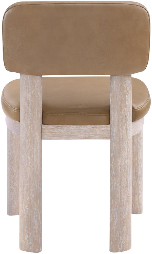 Meridian Furniture Paloma Art Deco Vegan Leather Dining Chair with Cerused Wood Frame for Modern Rooms Tan Style A 88052Tan-C