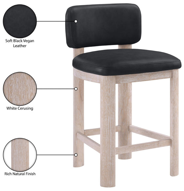 Meridian Furniture Paloma Art Deco Vegan Leather Counter Stool with Sculpted Wood Frame for Kitchen Islands Black Style A 88054Black-C