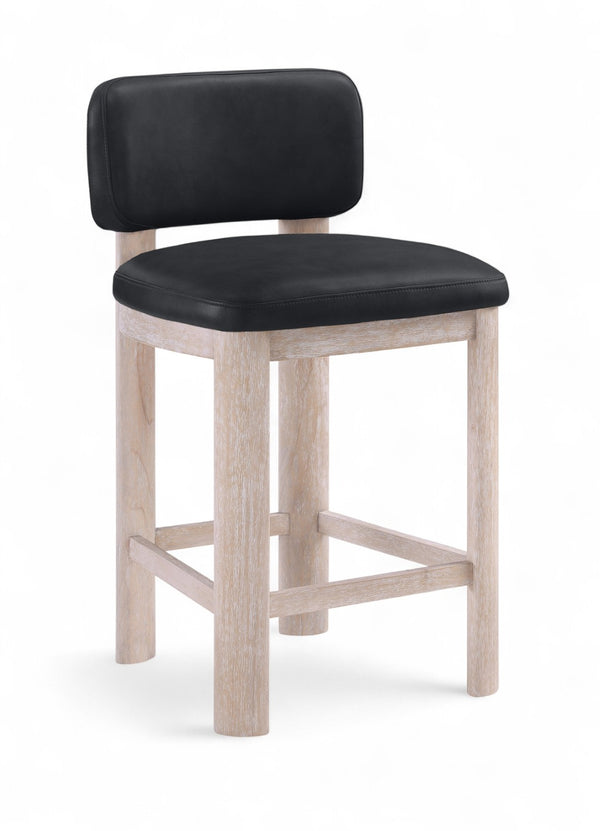 Meridian Furniture Paloma Art Deco Vegan Leather Counter Stool with Sculpted Wood Frame for Kitchen Islands Black Style A 88054Black-C