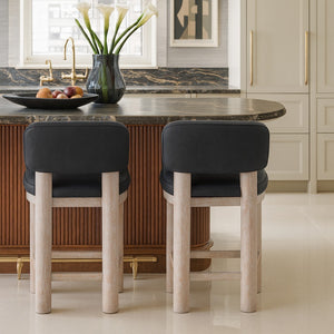 Meridian Furniture Paloma Art Deco Vegan Leather Counter Stool with Sculpted Wood Frame for Kitchen Islands Black Style A 88054Black-C