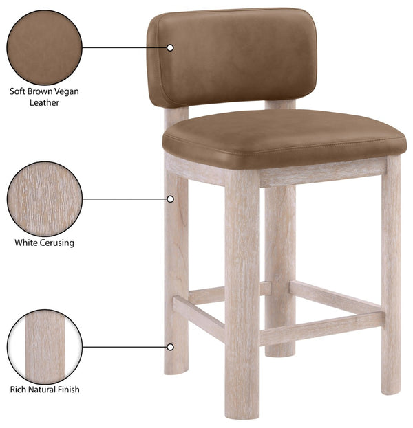 Meridian Furniture Paloma Art Deco Vegan Leather Counter Stool with Sculpted Wood Frame for Kitchen Islands Brown Style A 88054Brown-C