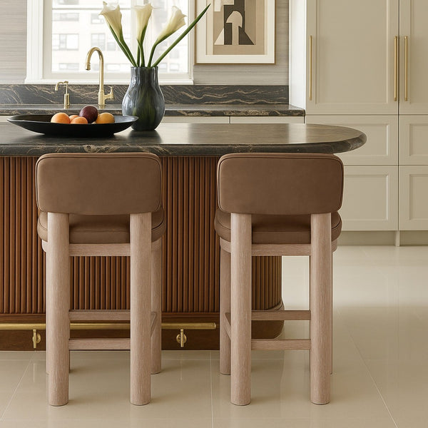 Meridian Furniture Paloma Art Deco Vegan Leather Counter Stool with Sculpted Wood Frame for Kitchen Islands Brown Style A 88054Brown-C
