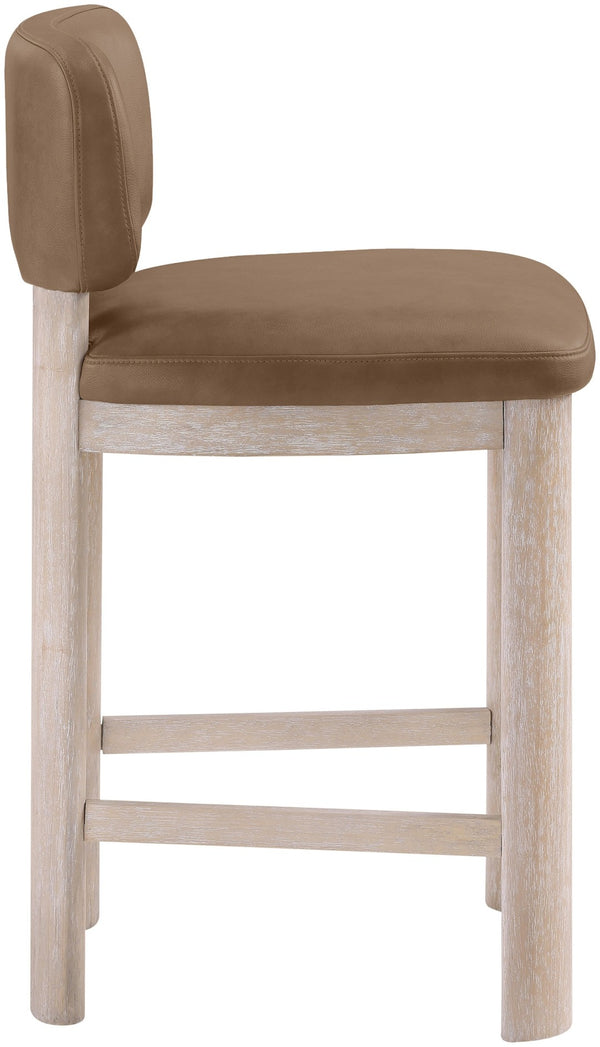 Meridian Furniture Paloma Art Deco Vegan Leather Counter Stool with Sculpted Wood Frame for Kitchen Islands Brown Style A 88054Brown-C