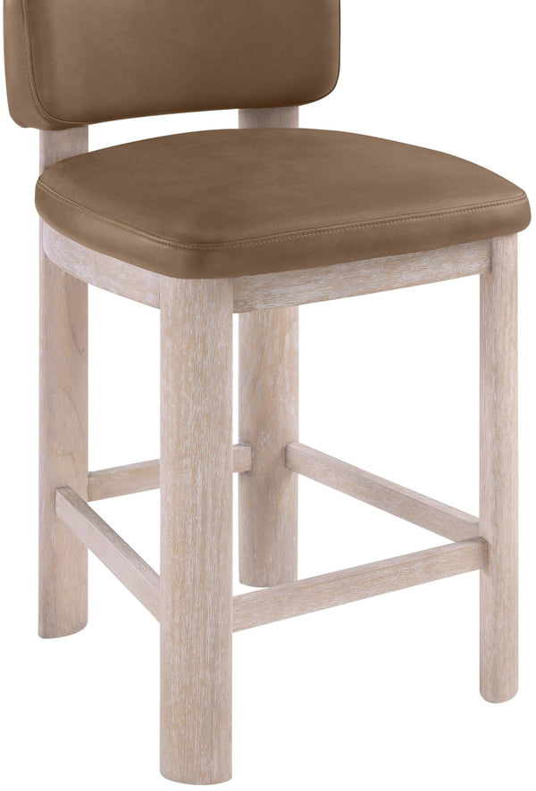 Meridian Furniture Paloma Art Deco Vegan Leather Counter Stool with Sculpted Wood Frame for Kitchen Islands Brown Style A 88054Brown-C