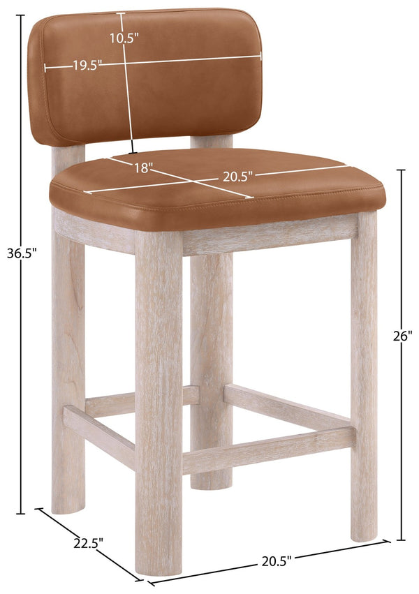 Meridian Furniture Paloma Art Deco Vegan Leather Counter Stool with Sculpted Wood Frame for Kitchen Islands Cognac Style A 88054Cognac-C