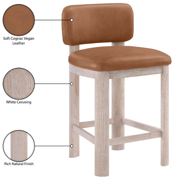 Meridian Furniture Paloma Art Deco Vegan Leather Counter Stool with Sculpted Wood Frame for Kitchen Islands Cognac Style A 88054Cognac-C