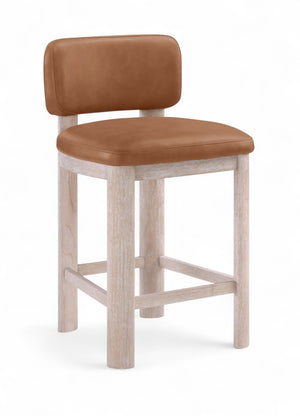 Meridian Furniture Paloma Art Deco Vegan Leather Counter Stool with Sculpted Wood Frame for Kitchen Islands Cognac Style A 88054Cognac-C
