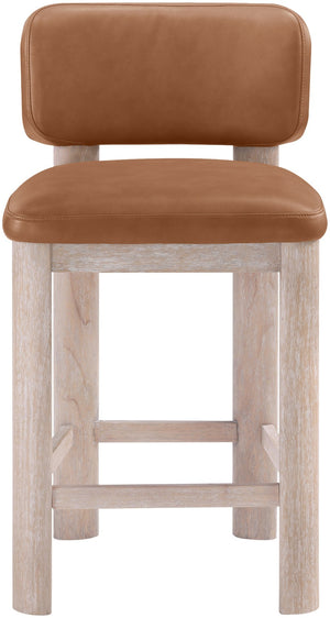 Meridian Furniture Paloma Art Deco Vegan Leather Counter Stool with Sculpted Wood Frame for Kitchen Islands Cognac Style A 88054Cognac-C