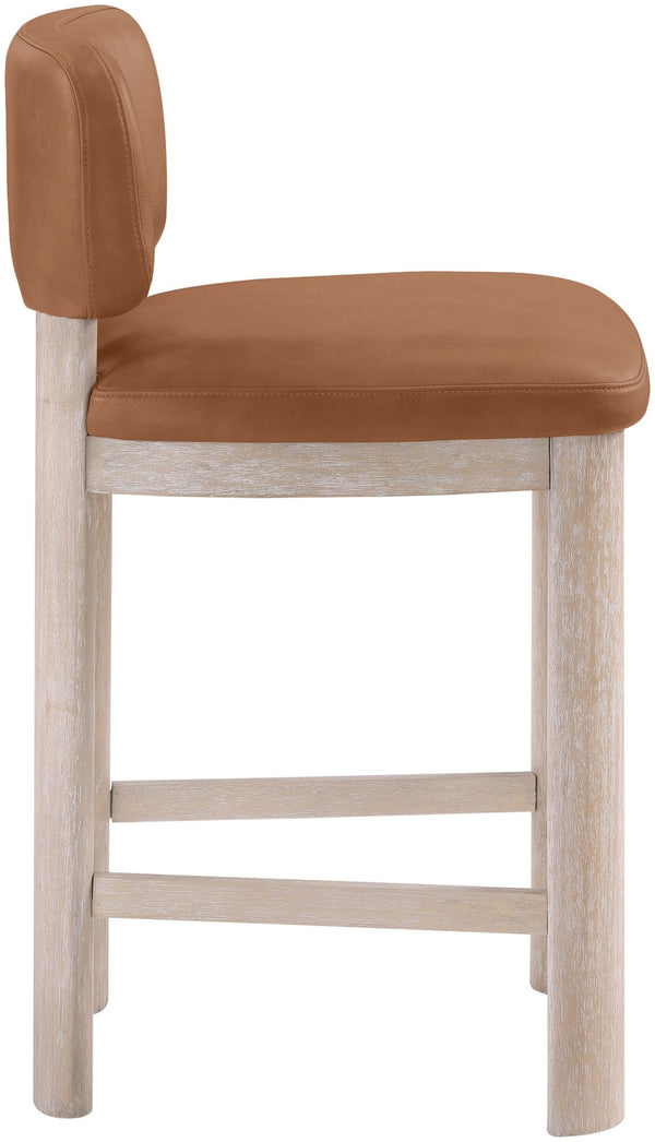 Meridian Furniture Paloma Art Deco Vegan Leather Counter Stool with Sculpted Wood Frame for Kitchen Islands Cognac Style A 88054Cognac-C
