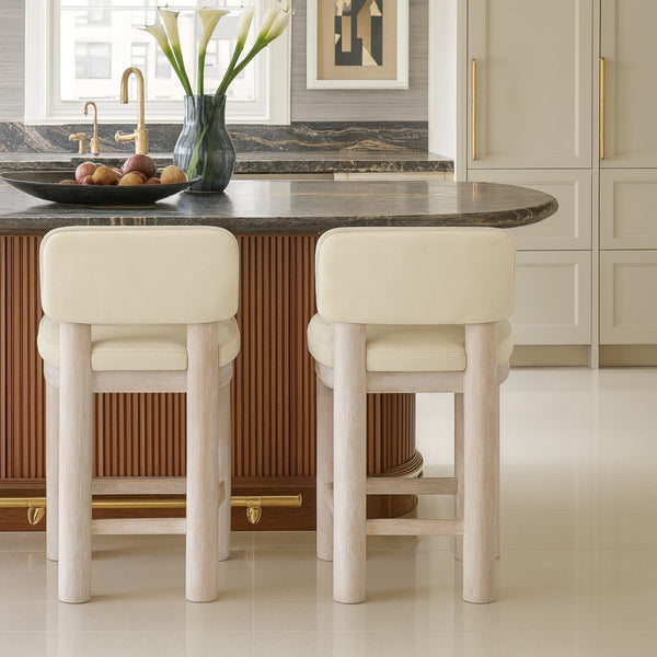 Meridian Furniture Paloma Art Deco Vegan Leather Counter Stool with Sculpted Wood Frame for Kitchen Islands Cream Style A 88054Cream-C